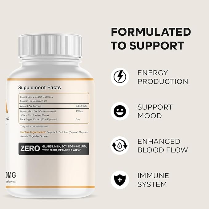 Organic Maca Root Powder Capsules 1,500mg for Men & Women - Capsule Contains Black, Red, Yellow Maca Root Extract - 95% Piperine from Black Pepper - Made with Peruvian Maca - 120 Count
