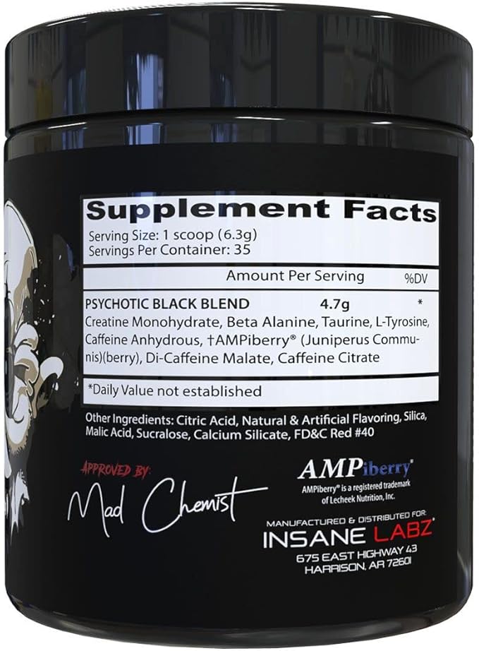 Insane Labz Psychotic Black Edition Mid Stimulant Pre Workout Powder, Energy Focus Pumps, Loaded with Creatine Beta Alanine Taurine Fueled by AMPiberry, 35 Servings (Watermelon)