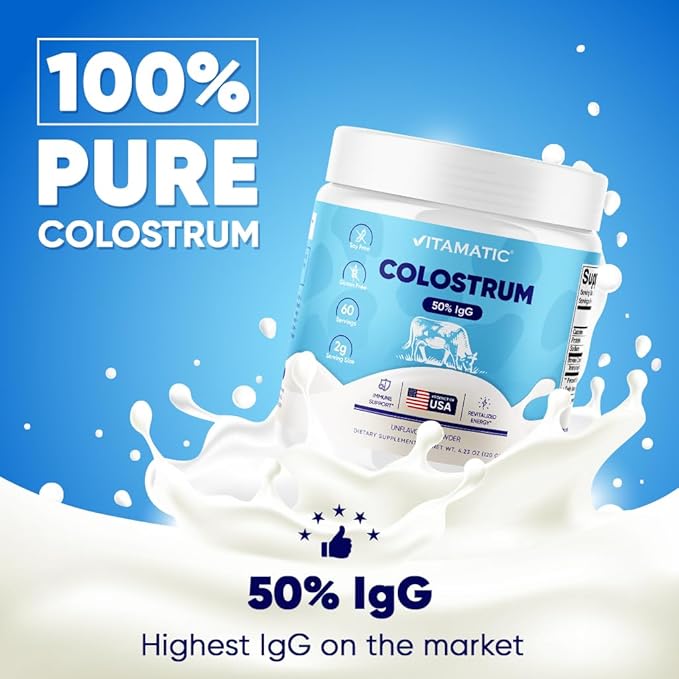 Vitamatic Bovine Colostrum Powder - 50% Highest IgG - Supplement for Gut Health, Hair Growth, Beauty, Muscle Recovery, & Immune Support - Easy to Mix - Unflavored - 60 Servings