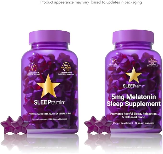 SLEEPtamin Melatonin Gummies 5mg | Infused with Chamomile & Ashwagandha for Relaxation | Promotes Restful Sleep, Balanced Mood, Stress Relief & Enhanced Relaxation | 60 Vegan Gummies