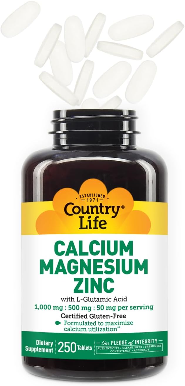 Country Life Calcium Magnesium Zinc with Vitamin D3 and L-Glutamic Acid, Dietary Supplement for Bone Support, Certified Gluten Free, 1000mg/500mg/50mg, 250 Tablets