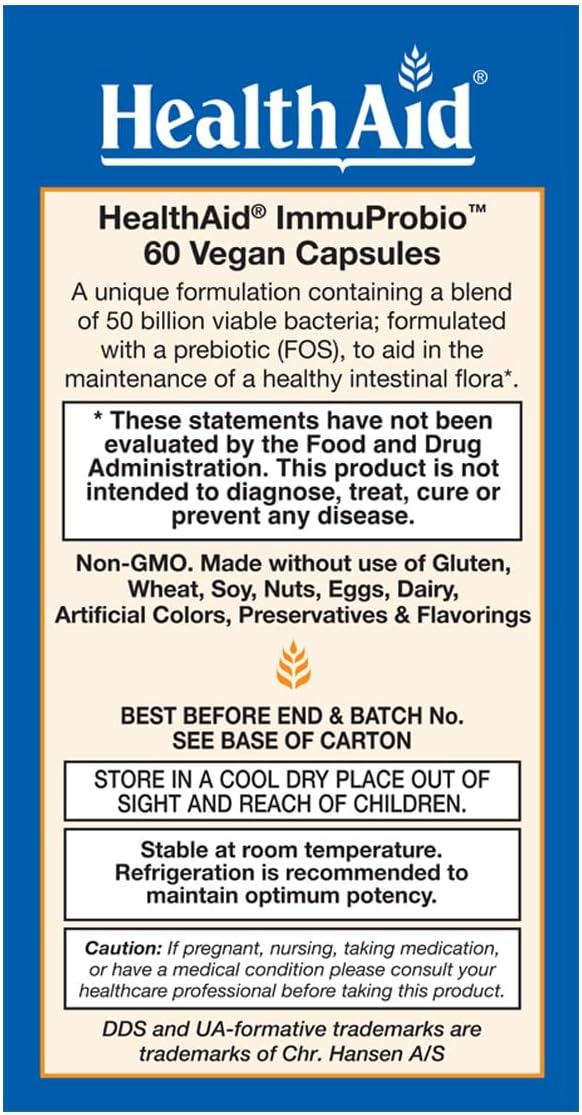 ImmuProbio 60 Caps - 50 Billion CFU with Prebiotic, Once Daily, Acid & Bile Resistant Strains, Dairy Free, Gluten Free, Vegan