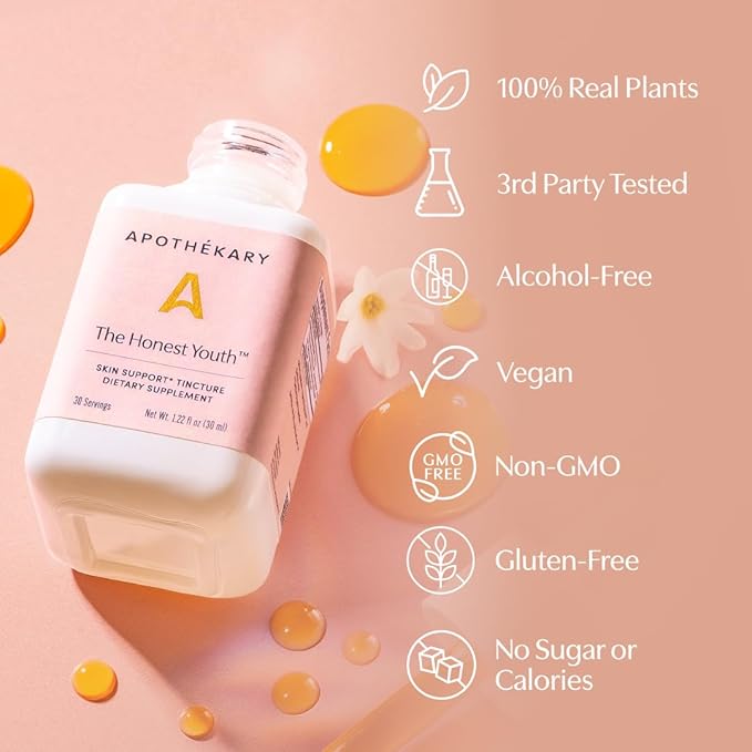 Apothékary The Honest Youth, Collagen Support Herbal Liquid Drops | 100% Herbal Skin Health, Sugar Free, Vegan, Liquid Collagen with Reishi and Tremella Mushroom - 30 Servings - 1.22 fl oz