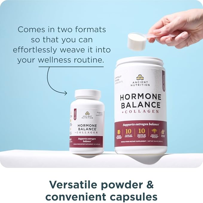 Ancient Nutrition Hormone Balance + Collagen Supplement, Hydrolyzed Collagen Peptides, Key Clinically Validated Ingredient to Support Balanced Hormones and Boost Energy, 60 Capsules