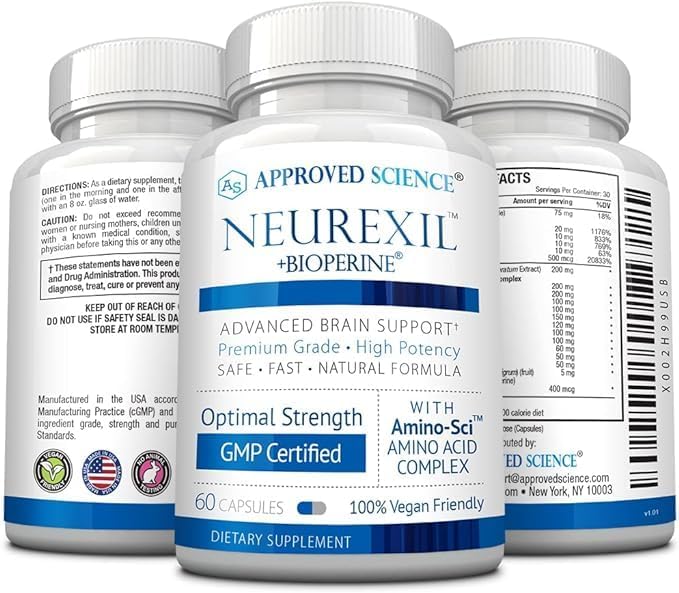 Approved Science Neurexil - Natural Nootropic Support with DMAE - Enhance Brain Function, Sharpen Clarity, Boost Memory - L-Tyrosine, Ginkgo Biloba, Huperzine A, BioPerine - 6 Month Supply