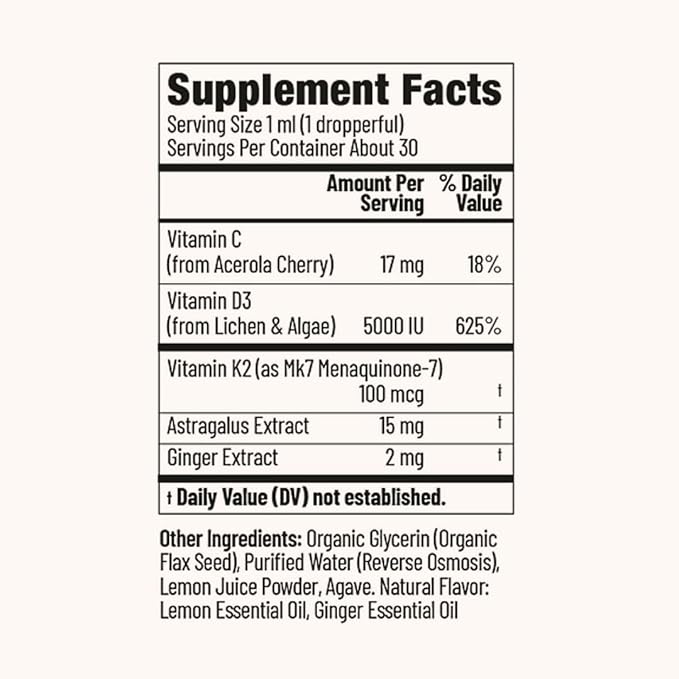 Immunity Support Herbal & Vitamin Tincture Drops – Immunity Booster with Vitamin C, D3, K2 & Powerful Adaptogens – Lemon Ginger Flavor, 30-Day Supply