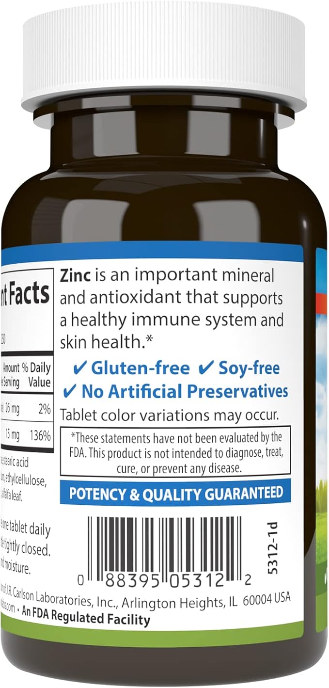 Carlson - Zinc, 15 mg, Zinc Supplement, Zinc Gluconate, Immune Support & Skin Health, Zinc Tablets, Antioxidant, Zinc Capsules, 250 Tablets
