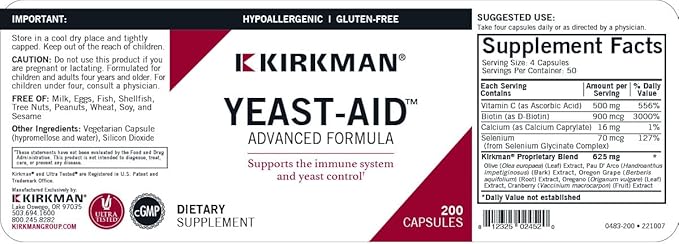 Kirkman - Yeast Aid Advanced Formula - 200 Capsules - Supports Yeast Control - Immune System Support - Hypoallergenic