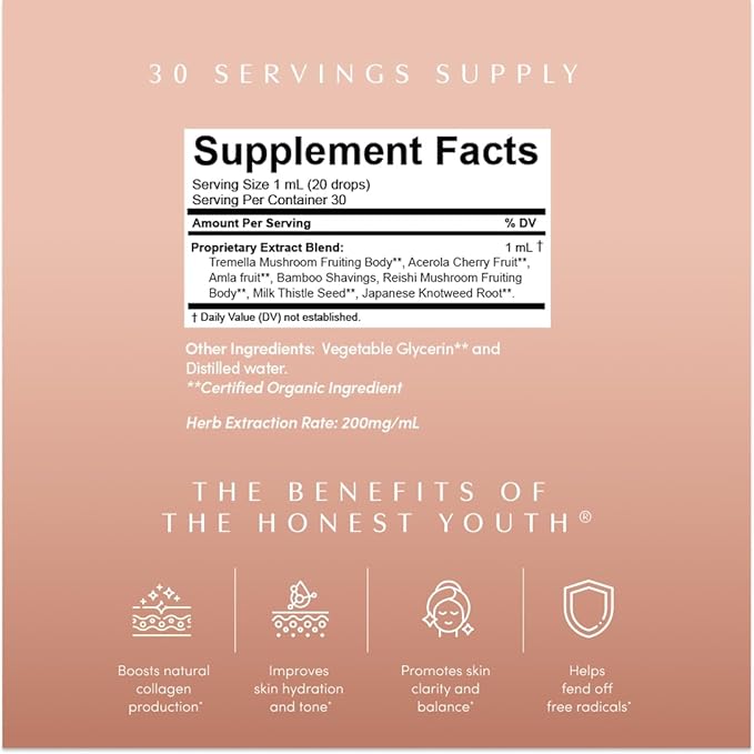 Apothékary The Honest Youth, Collagen Support Herbal Liquid Drops | 100% Herbal Skin Health, Sugar Free, Vegan, Liquid Collagen with Reishi and Tremella Mushroom - 30 Servings - 1.22 fl oz