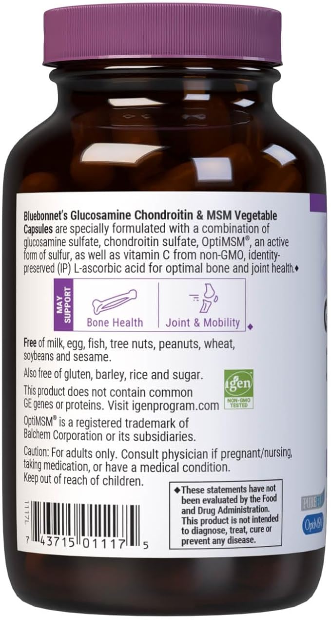 Bluebonnet Nutrition Glucosamine Chondroitin & MSM, Glucosamine, Bone & Joint Health*, Non-GMO, Gluten-Free, Soy-Free, Dairy-Free, 60 Vegetable Capsules, 20 Servings