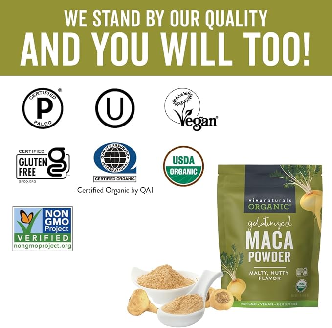 Viva Naturals Organic Maca Powder - Gelatinized Maca Powder for Easier Digestion, Vegan and Kosher Peruvian Superfood - Certified USDA Organic, Gluten-Free & Non-GMO, 1 lb Resealable Bag