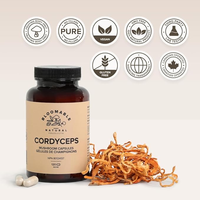Cordyceps Mushroom Capsules by Bloomable I Energy and Endurance (120 Capsules)