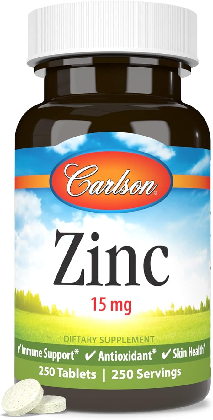 Carlson - Zinc, 15 mg, Zinc Supplement, Zinc Gluconate, Immune Support & Skin Health, Zinc Tablets, Antioxidant, Zinc Capsules, 250 Tablets