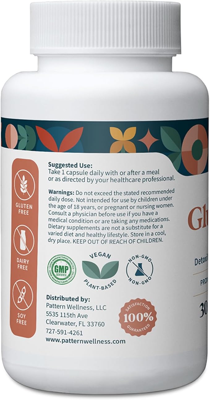 Pattern Wellness Glutathione Supplement - Active Reduced Glutathione Formula with Added Vitamin C - Cell, Antioxidant, + Immune Health Support - 30 Vegan Capsules