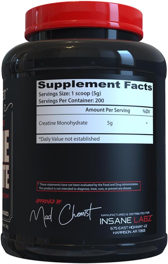 Insane Labz Insane Creatine Monohydrate Powder - Unflavored, Pre Workout, Post Workout, Strength Size Power, 200 Servings