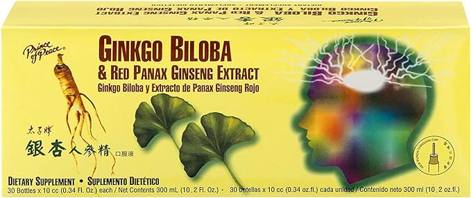Prince Of Peace Ginkgo Biloba & Red Panax Ginseng Extract, 0.34 fl. oz. Each – Ginkgo Biloba Supplement – Chinese Red Panax Ginseng Extract – Supports Overall Well-Being - 2 Pack - 60 Bottles