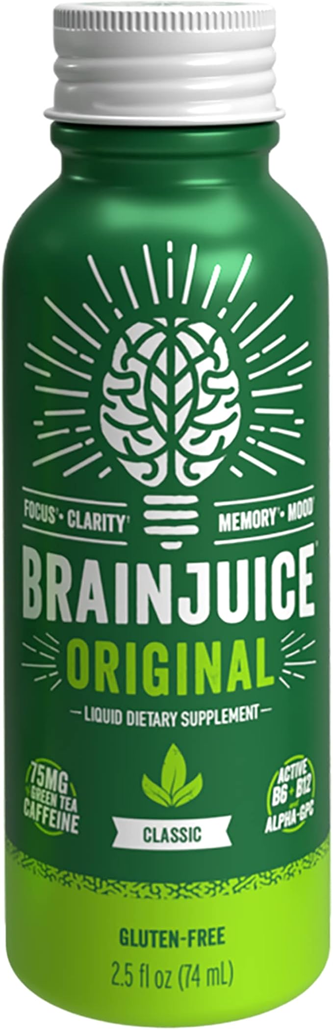 BrainJuice Brain Support Shot, Gluten Free Supplement Shots for Energy & Focus, Healthy Drinks with Alpha GPC, Vitamin B & Organic Green Tea Extract Caffeine, Classic, 2.5 fl oz, 12 Pack