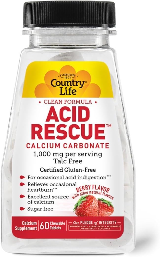 Country Life Acid Rescue Chewable Tablets - Certified Vegan & Gluten-Free Heartburn Relief, 400mg Calcium & Magnesium, Non-GMO, Sugar-Free Berry Flavor, Supports Bone Health, 60 Count