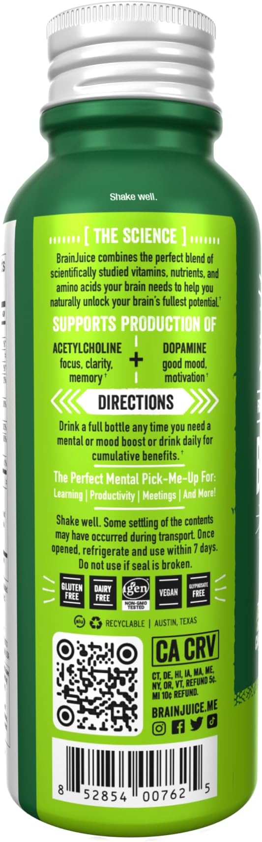BrainJuice Brain Support Shot, Gluten Free Supplement Shots for Energy & Focus, Healthy Drinks with Alpha GPC, Vitamin B & Organic Green Tea Extract Caffeine, Classic, 2.5 fl oz, 12 Pack