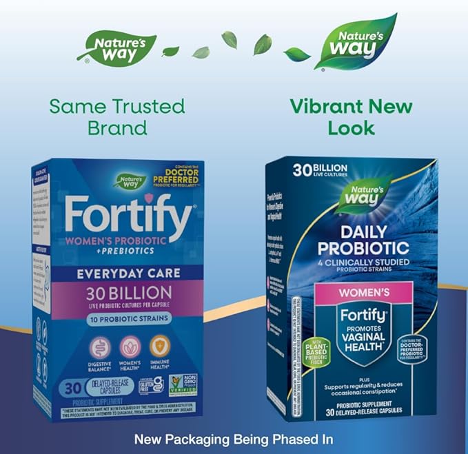 Nature's Way Fortify Daily Probiotic for Women, 30 Billion Live Cultures, 10 Strains, Prebiotics, Supports Digestive & Immune Health*, No Refrigeration Required, 30 Capsules (Packaging May Vary)