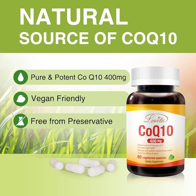 Lovita CoQ10 400mg Supplements | Easliy Absorbed Coenzyme Q10 Powder | Antioxidant Co Q10 Enzyme | Support Heart Health | Vegan | 60 Capsules