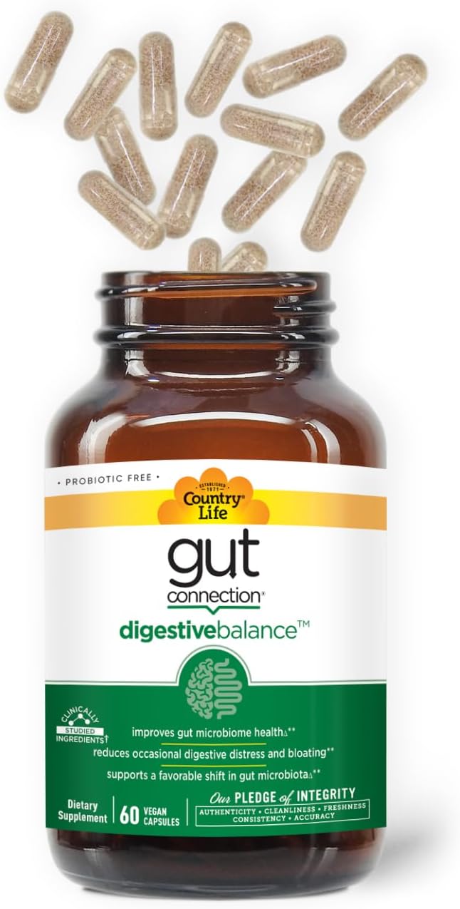 Country Life Gut Connection Digestive Balance – Prebiotic & Digestive Enzyme Supplement for Gut Health, Bloating Relief, and Improved Bowel Movements – Gluten-Free, Vegan, Non-GMO, 60 Capsules