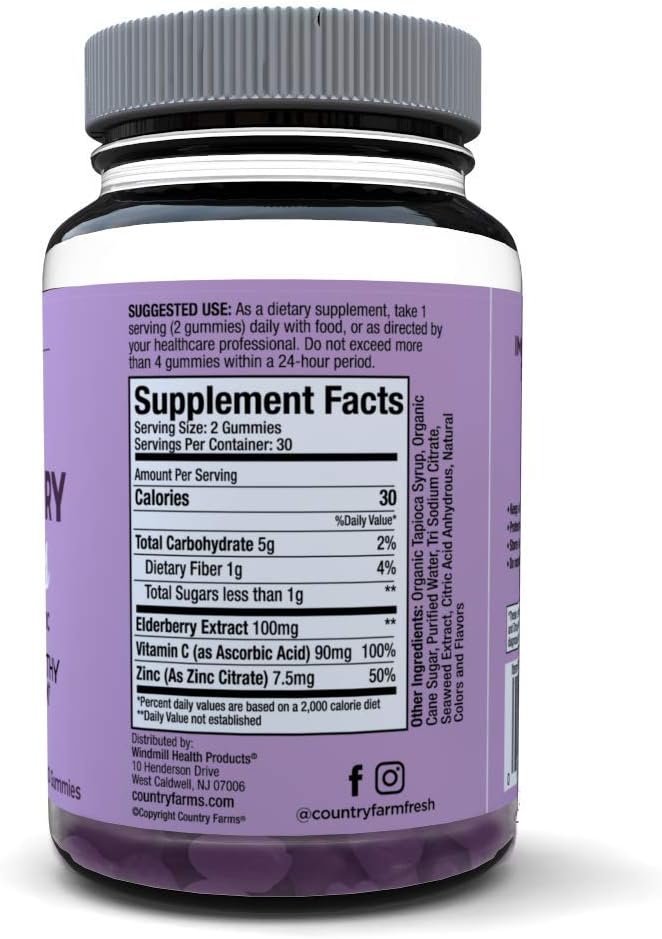 COUNTRY FARMS Elderberry Gummies with Vitamin C and Zinc, Supports Healthy Immune System, Rich in Antioxidants, Triple Action Immune Blend, Berry Flavor, 60 Gummies, 30 Servings