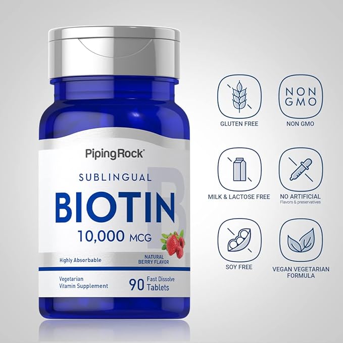 Piping Rock Biotin 10000mcg Fast Dissolve Tablets | 90 Count | Berry Flavor Sublingual Pills | Max Strength and High Absorption | Vegetarian, Non-GMO, Gluten Free Supplement