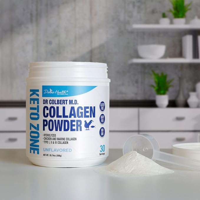 Keto Zone Dr. Colbert MD Hydrolyzed Collagen Powder | Unflavored | by Divine Health | Chicken & Marine Collagen Peptides | Hair, Skin and Nails Support
