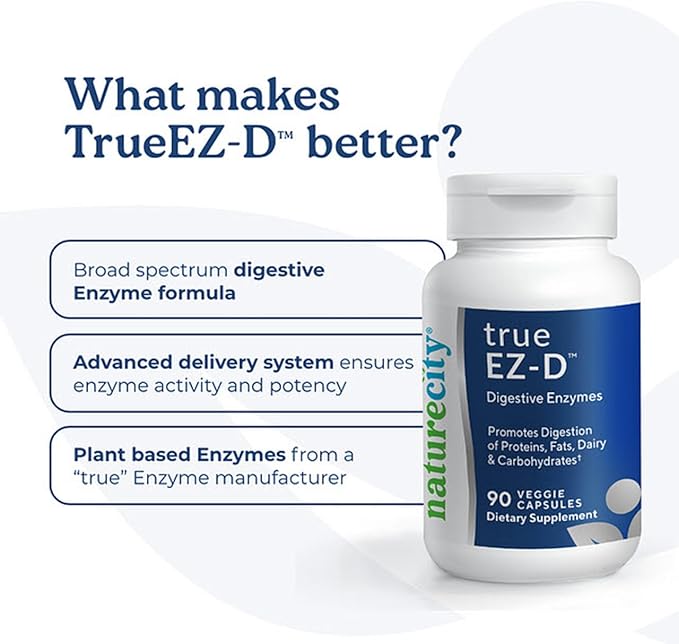 NatureCity True-EZ-D Non-GMO Digestive Enzyme Complex Supplement for Digestive Health and Bloating Relief for Men and Women (90 Veggie Capsules) Super Enzymes