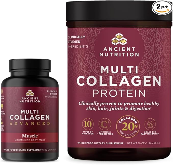 Ancient Nutrition Multi Collagen Advanced Capsules, Muscle, 90 Count + Multi Collagen Protein Powder, Unflavored, 45 Servings