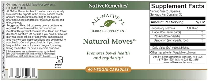 Native Remedies Natural Moves - All Natural Herbal Supplement Promotes Bowel Health and Regularity as Related to Constipation - 60 Veggie Caps