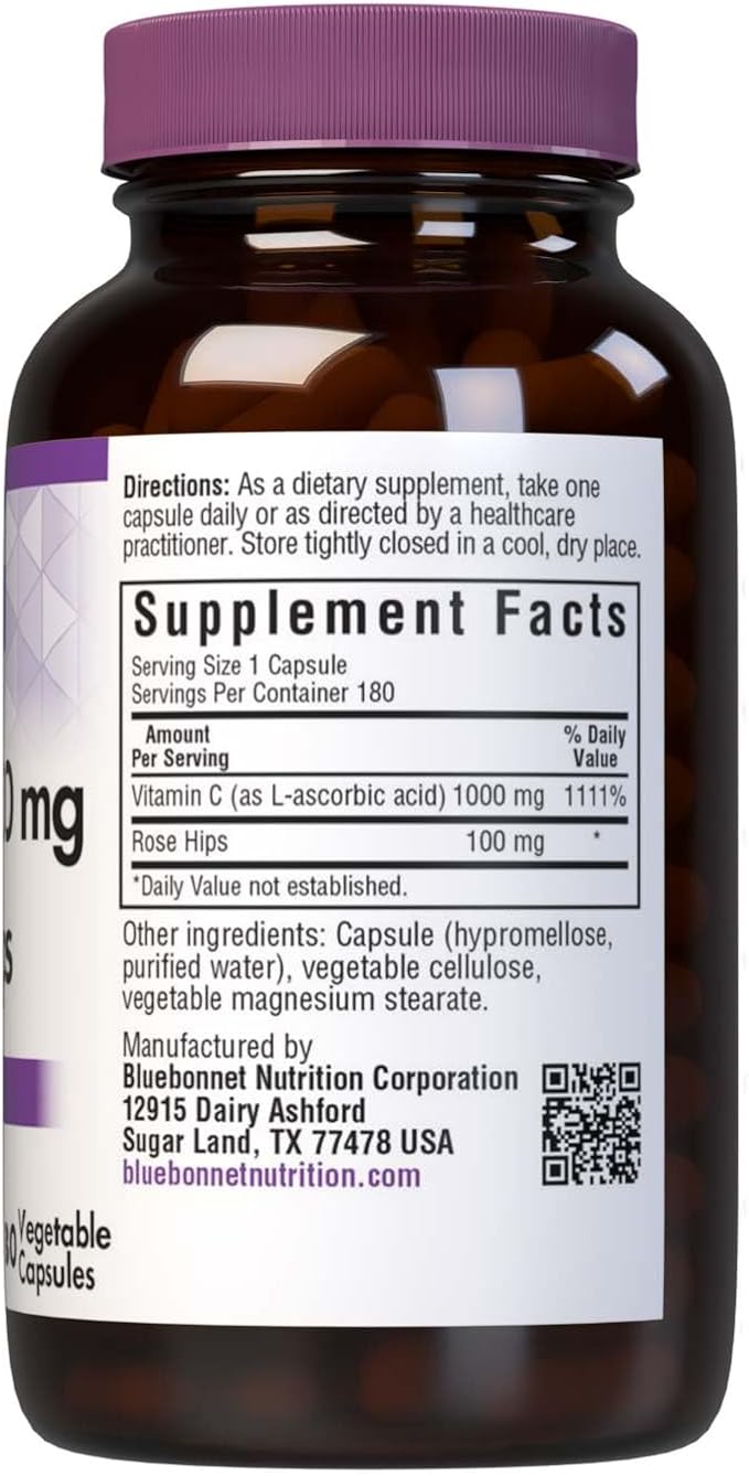 Bluebonnet Vitamin C 1000 mg Plus Rosehips Vegetable Capsules, 180 Count (743715005754)