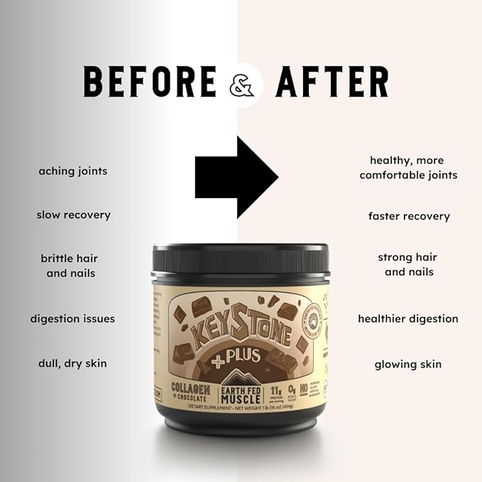 Earth Fed Muscle Keystone Plus Chocolate Collagen - Hair, Skin, Joints, 30 Servings