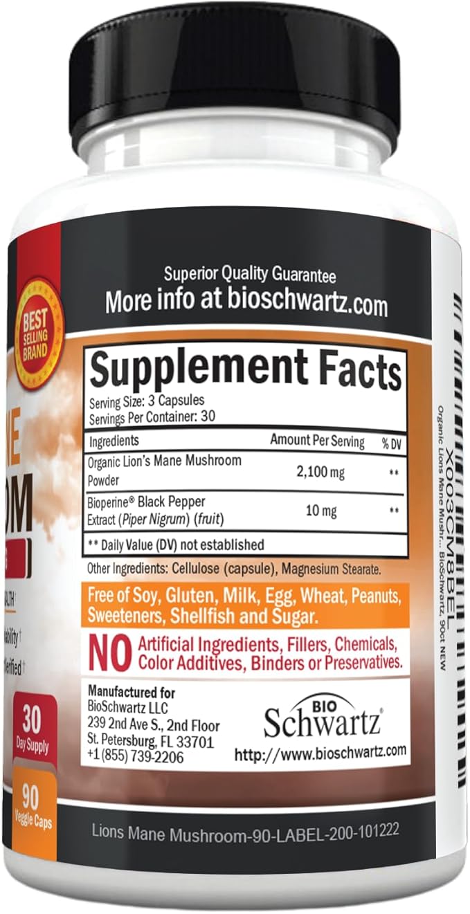 BioSchwartz Organic Lions Mane Supplement Capsules (90 Count) 2100mg Lions Mane Mushrooms with BioPerine for Max Absorption, Active Compound Verified, Nootropic Brain Supplements for Memory and Focus