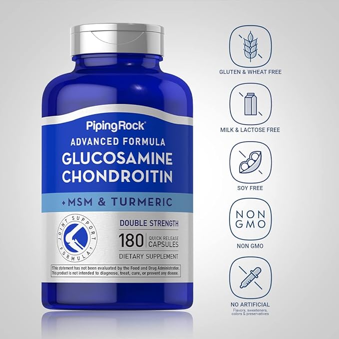 Piping Rock Glucosamine Chondroitin MSM and Turmeric | 180 Capsules | Complex Supplement | Advanced Double Strength Formula | Non-GMO, Gluten Free
