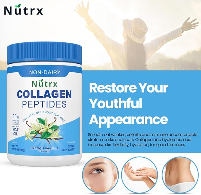 Collagen Peptides Powder Vanilla - Sugar Free, Non-Dairy Collagen Protein Powder - Dissolves Easy, No Clumps Collagen Powder with Vital Proteins, Collagen Protein Supplements - by Nutrx