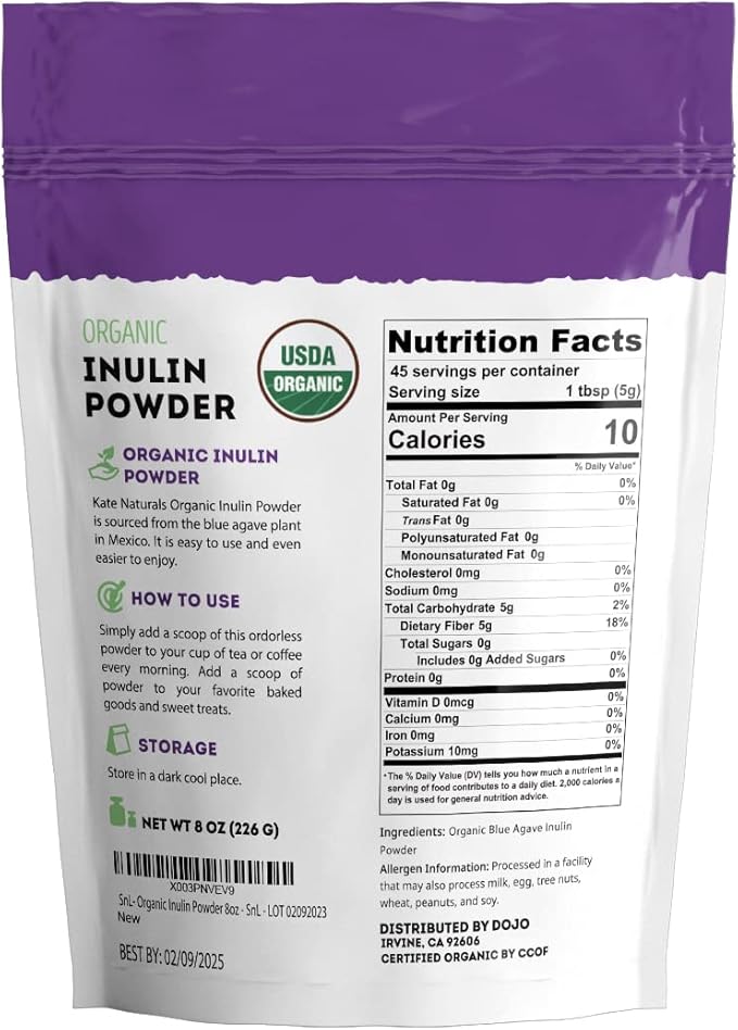 Kate Naturals Inulin Powder Organic from Blue Agave (8oz) Soluble Prebiotic Fiber for Coffee, Yogurt & Smoothies