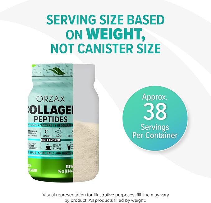 ORZAX Collagen Peptides Powder - 11 g Collagen Type I & III, Biotin & Hyaluronic Acid, 16 oz (Unflavored)