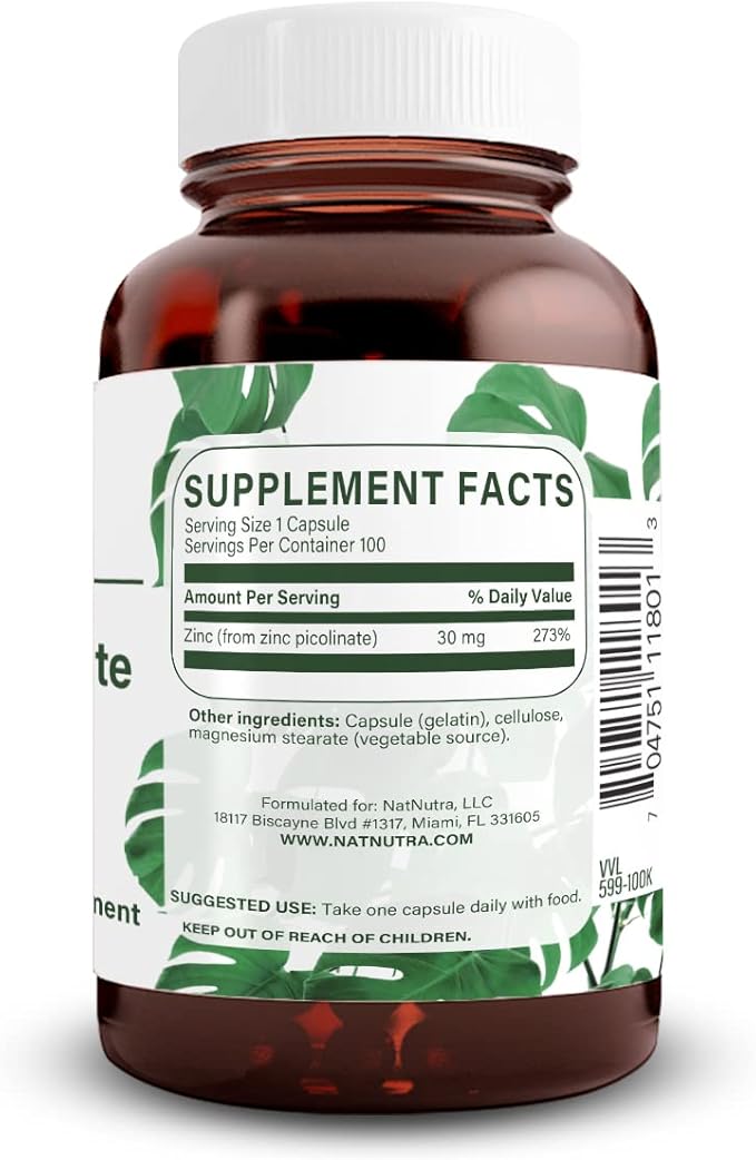 Natural Nutra Zinc Picolinate 30 mg, Double Strength, Raw and Pure, Highly Bioavailable Supplement for Growth and Immune Support, Helps Promote Skin Health, Helps Support Metabolic System 100 Capsules