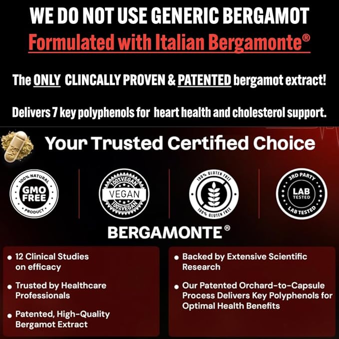 Bergamot Heart -1000mg Certified Bergamonte Italian Citrus Bergamot -Highest Polyphenols - Cardiologist Developed & Clinically Proven - Bergamot Supplement for High Cholesterol & Heart Health