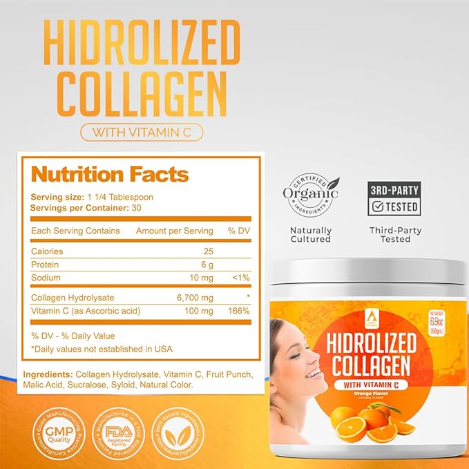 Hydrolyzed Collagen Powder Supplement | Promotes Hair, Nail, Skin, Bone, Joint Health, Gut Health | Hydrolyzed Grass Fed Collagen Peptides |Collagen for Women | 200gr (Orange)