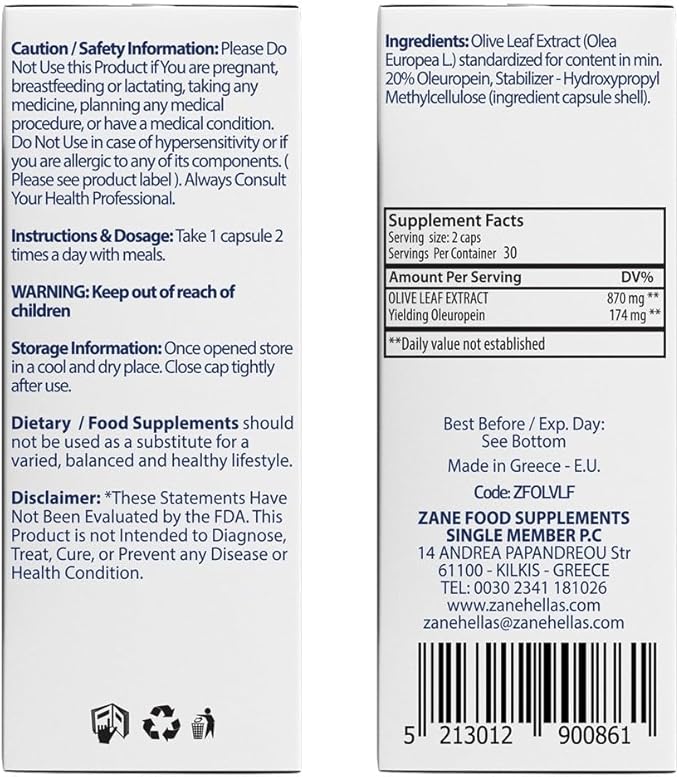 Zane Greek Olive Leaf Extract - min. 20% Oleuropein - Provides Immune and Healthy Blood Pressure Support, Promotes Cardiovascular System Health - 60 Capsules Non-GMO, Gluten - Lactose – Paraben Free