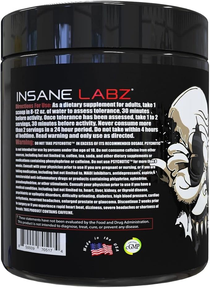 Insane Labz Psychotic Black Edition Mid Stimulant Pre Workout Powder, Energy Focus Pumps, Loaded with Creatine Beta Alanine Taurine Fueled by AMPiberry, 35 Servings (Watermelon)