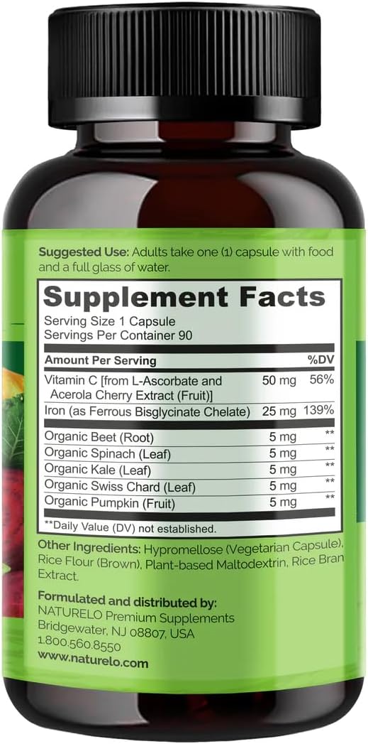 NATURELO Vegan Iron Supplement with Vitamin C and Organic Whole Foods - Gentle Iron Pills for Women & Men with Iron Deficiency Including Pregnancy, Anemia and Vegan Diets - 90 Mini Capsules