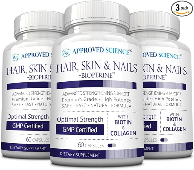 Approved Science Hair, Skin and Nails - Support Supplement - Biotin, Collagen, Vitamin B Complex, Silica, BioPerine - 180 Capsules - 3 Month Supply