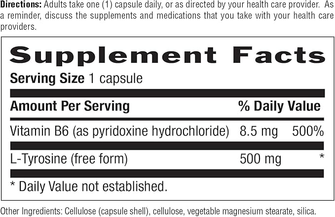 Country Life L-Tyrosine 500mg with Vitamin B6 Supplement - Certified Gluten-Free, Vegetarian, Kosher, Boosts Focus & Energy, Supports Brain Health, Enhances Mental Clarity, Non-GMO - 100 Capsules