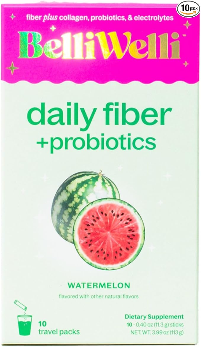 Daily Fiber Supplement Packets with Collagen, Probiotics & Electrolytes | Single Serve Travel Packets for Gut Health, Digestion & Debloating | Watermelon | 10 Count