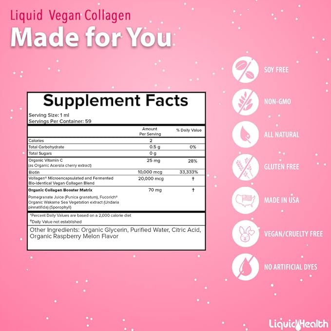 LIQUIDHEALTH 100% Vegan Collagen Plus Biotin 100,000mcg Liquid Drops - Plant-Based Liquid Collagen for Women & Men - Hair & Nail Growth, Skin Health, Boosts Metabolism - Made in USA, Non-GMO (3 Pack)