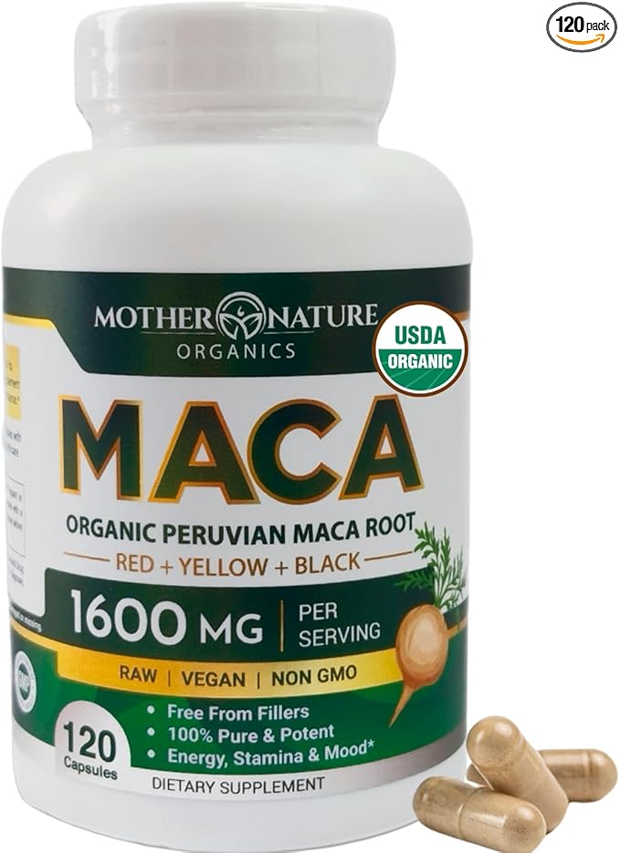 Mother Nature USDA Organic Maca Root Capsules, Black + Red + Yellow Peruvian Maca for Women & Men 1600mg - Supports Mood, Hormonal Balance Reproduction & Energy - Vegan Pills (120ct)